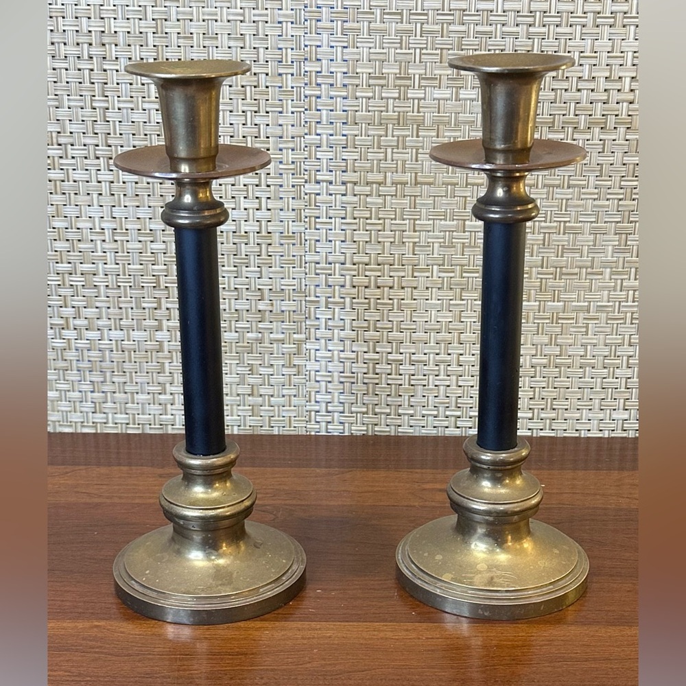 🌟HP🌟VTG 1960s-70s Pair 10" Mid-Century Brass & Black Taper Candlesticks HongKong